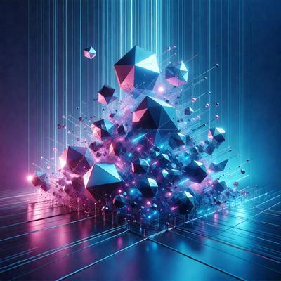 The primary subject of the image is a three-dimensional geometric structure, possibly a cube or a similar shape, with a blue and pink color scheme. The setting is a dark background, which contrasts with the bright colors of the geometric structure. The visual style appears to be a digital art or illustration, as the structure is composed of many small cubes or triangles. The overall atmosphere of the image is vibrant and visually appealing, with the blue and pink colors creating a sense of depth and dimension.